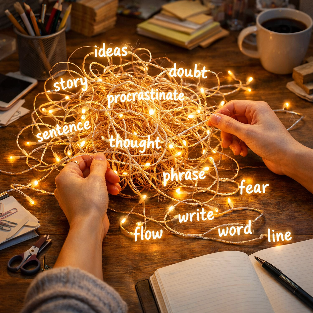 A person's arm rests on a wooden desk next to an open, blank notebook and a black pen. Strings of warm, glowing fairy lights are tangled around the writer's hand and spread across the desk. Floating white text among the lights displays words like "fear," "write," "flow," "word," and "line," illustrating the mental struggle of untangling ideas.