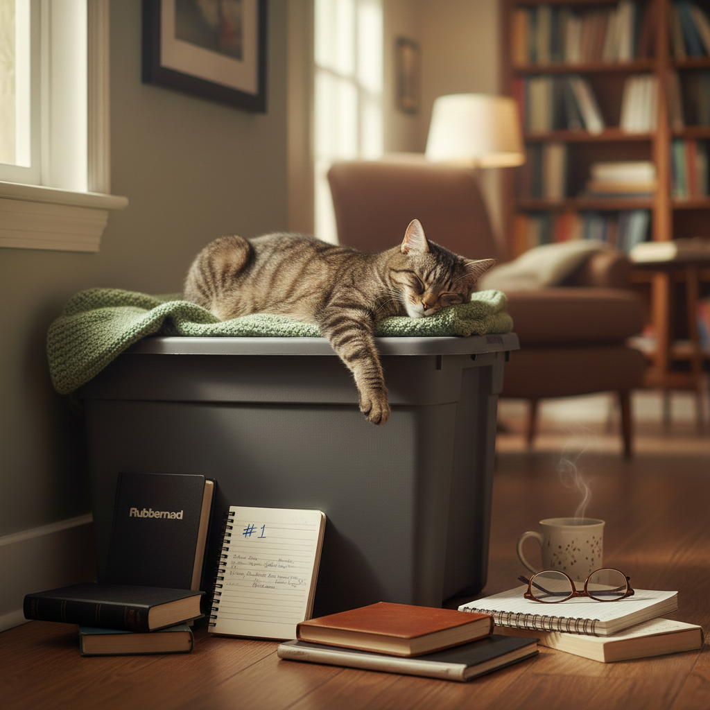 A tabby cat sleeping on a green knitted blanket draped over a grey Rubbermaid tote, with a bookshelf and warm window light in the background.