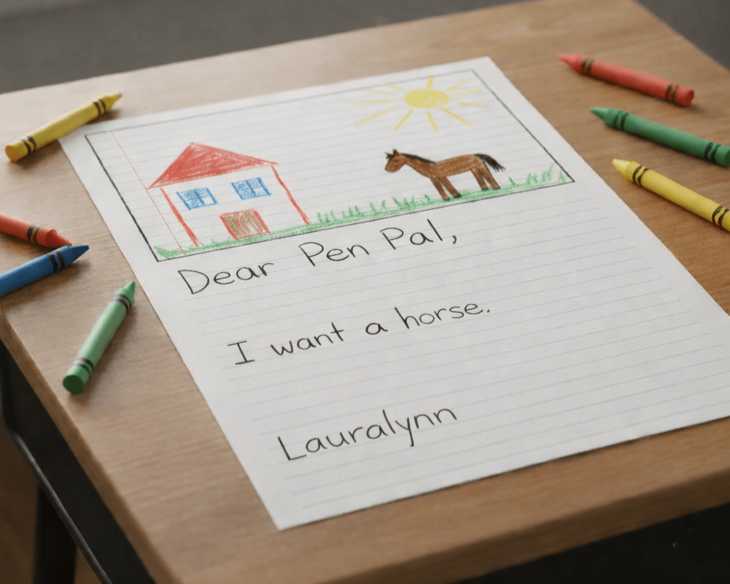 A child's letter on lined penmanship paper lies on a wooden desk surrounded by scattered crayons. The letter, signed "Lauralynn," says "Dear Pen Pal, I want a horse." Above the text is a drawing of a red house with a brown horse standing on the grass next to it under a bright yellow sun.
