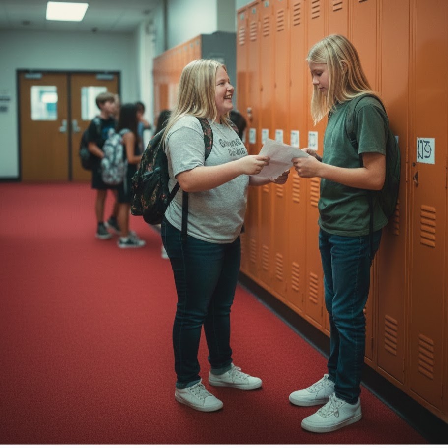 Two middle school students stand in a hallway with red carpeting and a row of bright orange lockers. One student, wearing a grey t-shirt and backpack, holds a handwritten letter while talking to a friend in a green shirt. Other students are blurred in the background, creating a busy school atmosphere.
