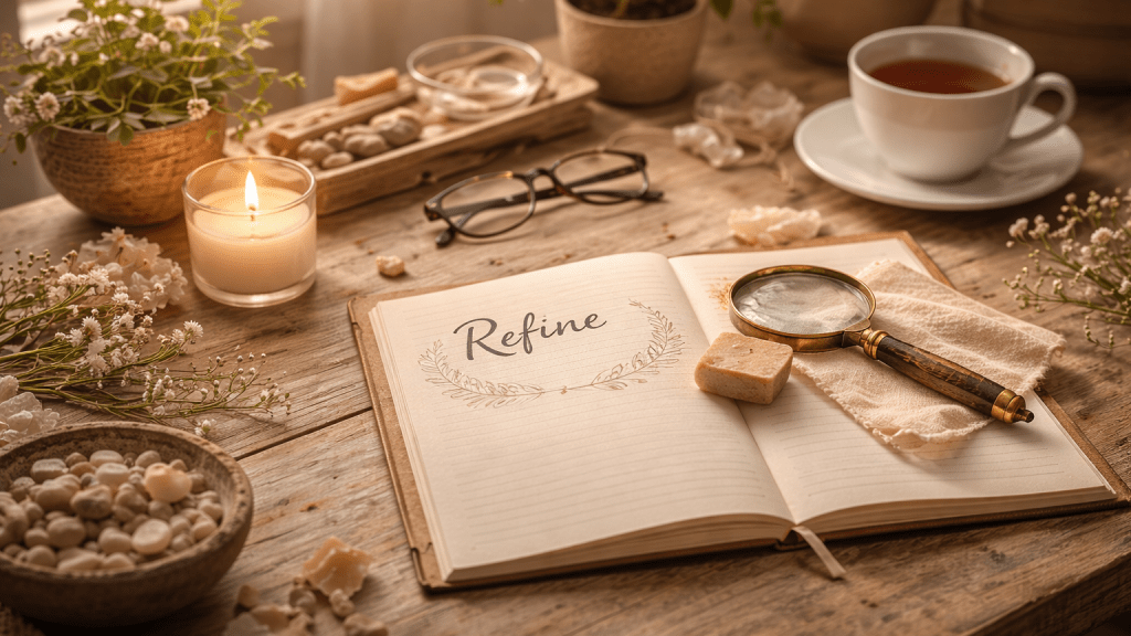 An open notebook on a rustic wooden desk showing the word 'Refine' in elegant script, surrounded by a lit candle, a cup of tea, a magnifying glass, and a fountain pen.