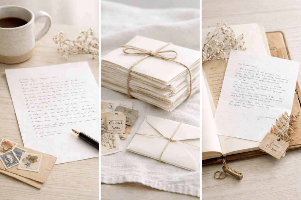 A three-panel banner showing a cup of coffee, handwritten letters, and bundles of stationery on a wooden desk.